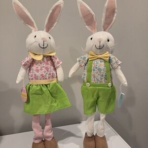 Pair of White and Pink Plush Easter Bunnies in Green Outfits